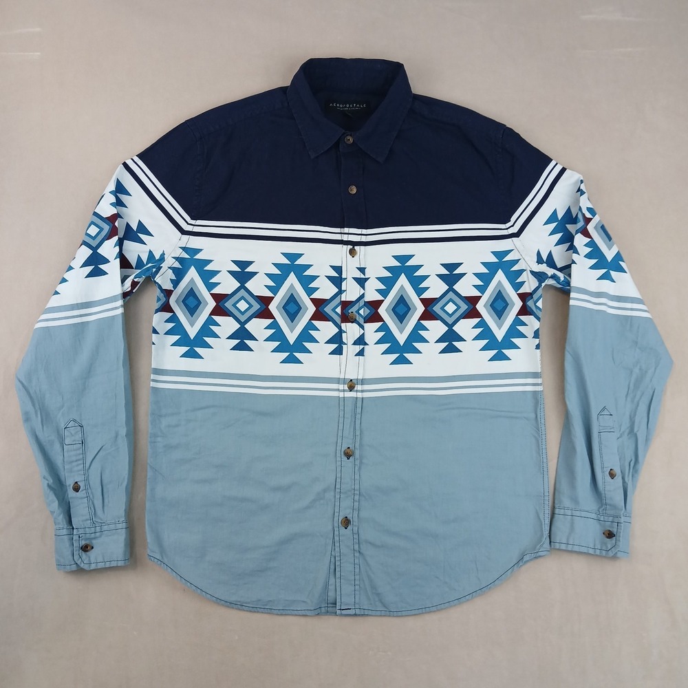 Aeropostale Medium Mens Shirt Aztec Navajo 21x26 Chambray Button Up Long‎ Sleeve